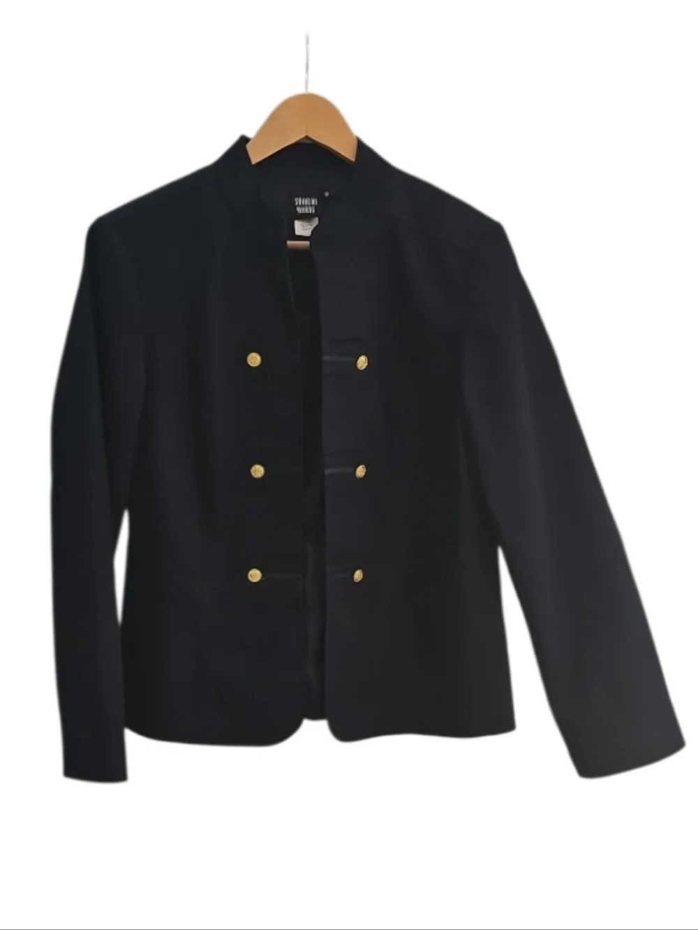 Sharon Young Dark Denim Stretch Military Jacket Gold Button Open Front Sz 12